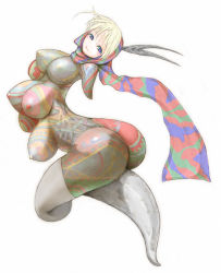 Rule 34 | 1009, 1girl, abstract, ass, blonde hair, bodypaint, breasts, colorful, extra breasts, huge breasts, large breasts, monster girl, multicolored clothes, multicolored scarf, nipples, original, scarf, simple background, smile, solo, surreal, what, white background