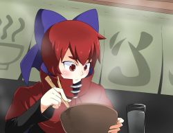 Rule 34 | 1girl, blush, bow, bowl, cape, chopsticks, cup, eating, hair bow, highres, long sleeves, looking down, night, no neck, red eyes, red hair, sa-mon, sekibanki, short eyebrows, short hair, sitting, solo, steam, touhou, water