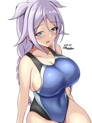 Rule 34 | 1girl, black one-piece swimsuit, blue eyes, blue one-piece swimsuit, braid, breasts, competition swimsuit, dated, grey hair, hair flaps, highleg, highleg swimsuit, highres, impossible clothes, impossible swimsuit, kantai collection, large breasts, long hair, looking at viewer, mole, mole under eye, montemasa, multicolored clothes, multicolored swimsuit, one-piece swimsuit, single braid, sitting, smile, solo, swimsuit, twitter username, two-tone swimsuit, umikaze (kancolle), very long hair