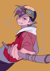 Rule 34 | 1boy, backwards hat, brown hair, commentary request, creatures (company), ethan (pokemon), fingernails, game freak, goggles, goggles on headwear, grin, hat, highres, holding, jacket, looking at viewer, male focus, momotose (hzuu xh4), nintendo, pokemon, pokemon adventures, red jacket, short hair, smile, solo, sweatdrop, teeth, yellow background, yellow eyes