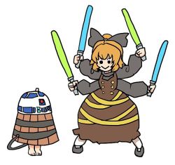 Rule 34 | &gt;:), 2girls, :&gt;, barefoot, blonde hair, blush stickers, bow, brown dress, bucket, child, cosplay, crossover, dress, energy sword, extra arms, female focus, general grievous, general grievous (cosplay), hair bow, in bucket, in container, kisume, kurodani yamame, lightsaber, long sleeves, multiple girls, quadruple wielding, r2-d2, r2-d2 (cosplay), shirt, simple background, solid circle eyes, star wars, sword, terrajin, touhou, v-shaped eyebrows, weapon, white background