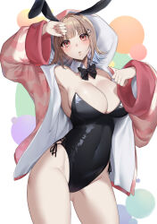 Rule 34 | 1girl, absurdres, alternate costume, animal ears, arm up, black bow, black bowtie, black leotard, blush, bow, bowtie, breasts, brown hair, brown jacket, cleavage, collarbone, contrapposto, covered navel, cowboy shot, danganronpa (series), danganronpa 2: goodbye despair, detached collar, flipped hair, galaga, grey hair, groin, hair intakes, hair ornament, half auto, hand up, highres, hood, hood up, hooded jacket, jacket, large breasts, leotard, long sleeves, looking at viewer, medium hair, multicolored background, multicolored hair, nanami chiaki, no mole, open clothes, open jacket, parted lips, pink eyes, rabbit ears, rabbit girl, shiny clothes, solo, strapless, strapless leotard, teeth, triangle hair ornament