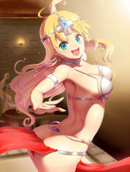 Rule 34 | 1girl, ahoge, aqua nails, arm up, armlet, armor, ass, belly chain, bikini armor, blonde hair, blue eyes, blush, breasts, butt crack, circlet, cosplay, dancing, dragon quest, dragon quest iv, earrings, halo0001, hoshii miki, idolmaster, idolmaster (classic), jewelry, loincloth, long hair, looking at viewer, lots of jewelry, manya (cosplay), manya (dq4), medium breasts, nail polish, necklace, open mouth, outstretched arms, pelvic curtain, pettan p, solo, sweat