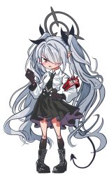Rule 34 | 1girl, absurdres, aghanseonmul, armband, black footwear, black gloves, black socks, blue archive, boots, breasts, chibi, collared shirt, commentary request, dark skin, demon girl, demon tail, gloves, grey hair, hair over one eye, hair ribbon, halo, hand on own hip, highres, iori (blue archive), knee boots, kneehighs, long hair, long sleeves, looking at viewer, necktie, pleated skirt, pointy ears, red eyes, ribbon, school uniform, shirt, sidelocks, simple background, skirt, small breasts, socks, solo, tail, transparent background, twintails, two-tone gloves