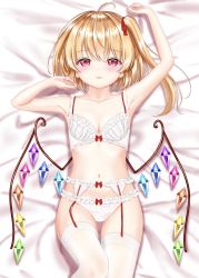 Rule 34 | 1girl, ahoge, armpits, arms up, blonde hair, blush, bra, breasts, cleavage, collarbone, commentary request, flandre scarlet, garter belt, garter straps, hair between eyes, hair ribbon, heart, heart-shaped pupils, highres, looking at viewer, lying, navel, no headwear, no headwear, nyanyanoruru, on back, on bed, one side up, panties, panties over garter belt, parted lips, red eyes, ribbon, short hair, small breasts, solo, symbol-shaped pupils, thighhighs, touhou, underwear, underwear only, white bra, white panties, white thighhighs, wings