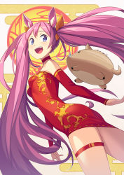 Rule 34 | 1girl, :d, animal, animal ears, bare shoulders, blue eyes, blush, boar, boar ears, breasts, china dress, chinese clothes, choker, commentary request, detached sleeves, dragon print, dress, dutch angle, egasumi, fang, from below, highres, long hair, long sleeves, looking at viewer, looking down, open mouth, original, pig, print dress, red choker, red dress, saiste, small breasts, smile, solo, tareme, teeth, thigh strap, thighs, twintails, upper teeth only, very long hair