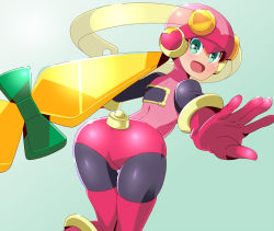 Rule 34 | 1girl, artist request, ass, bent over, blue background, blush, bodysuit, capcom, from behind, gloves, green eyes, helmet, highres, leg up, looking at viewer, looking back, open mouth, outstretched arm, pink gloves, mega man (series), mega man battle network, roll.exe (mega man), simple background, solo, solo focus