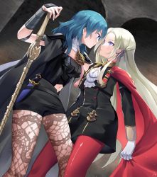 Rule 34 | 2girls, byleth (female) (fire emblem), byleth (fire emblem), cape, commentary request, edelgard von hresvelg, fire emblem, fire emblem: three houses, gloves, highres, indoors, multiple girls, navel, nintendo, pantyhose, pantyhose under shorts, qi&#039;e (penguin), short shorts, shorts, sword, teacher and student, weapon, yuri