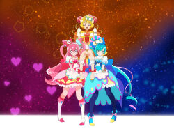 Rule 34 | 3girls, ankle boots, back bow, blonde hair, blue bow, blue footwear, blue hair, blue pantyhose, boots, bow, brooch, bun cover, china dress, chinese clothes, choker, clenched hands, closed mouth, commentary, cone hair bun, cure precious, cure spicy, cure yum-yum, delicious party precure, double bun, dress, earrings, flats, frown, fuwa kokone, gloves, green eyes, hair bow, hair bun, hanamichi ran, heart, heart brooch, highres, huge bow, jewelry, knee boots, kome-kome (precure), lifting person, long hair, looking at viewer, magical girl, mem-mem (precure), multiple girls, nagomi yui, on kazu, open mouth, orange bow, orange dress, orange footwear, pam-pam (precure), pantyhose, pink dress, pink hair, precure, puffy short sleeves, puffy sleeves, purple eyes, red bow, red choker, red eyes, rope, short dress, short hair, short sleeves, side ponytail, smile, sparkle, standing, triple bun, two side up, very long hair, white footwear, white gloves, yellow bow