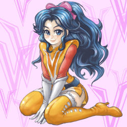 Rule 34 | 1970s (style), 1girl, belt, blue eyes, blue hair, boots, choudenji machine voltes v, curly hair, female focus, full body, gloves, hair ribbon, lace, lipstick, makeup, matching hair/eyes, oka megumi, retro artstyle, pilot suit, pipipi, ponytail, retro artstyle, ribbon, smile, solo, thigh boots, thighhighs