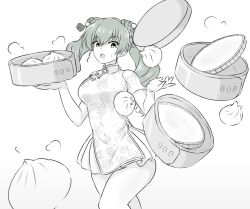 Rule 34 | 1girl, :o, alternate costume, amogan, anchovy (girls und panzer), china dress, chinese clothes, commentary request, dim sum, dress, drill hair, food, girls und panzer, green hair, holding, holding food, korean commentary, long hair, muted color, partially colored, simple background, solo, twin drills, twintails, white background, yellow eyes