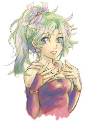 Rule 34 | 1990s (style), 1girl, blue eyes, breasts, cape, earrings, elbow gloves, final fantasy, final fantasy vi, gloves, green hair, jewelry, lipgloss, lips, long hair, medium breasts, ponytail, retro artstyle, smile, solo, syury, tina branford