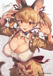 Rule 34 | 1girl, absurdres, animal costume, animal ear fluff, animal ears, belt, bow, bowtie, breasts, brown eyes, brown hair, cat ears, cat girl, cat tail, highres, iparupua, kemono friends, kemono friends v project, large-spotted genet (kemono friends), large breasts, long hair, looking at viewer, microphone, open mouth, ribbon, shirt, simple background, skirt, smile, solo, tail, twintails, virtual youtuber