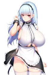 Rule 34 | 1girl, absurdres, anchor choker, apron, arm up, azur lane, bangle, bare arms, bare shoulders, black hairband, blunt bangs, bracelet, breasts, center frills, chixiao, choker, closed mouth, clothes lift, clothing cutout, cowboy shot, dido (azur lane), dress, dress lift, earrings, expressionless, female focus, frilled apron, frilled choker, frilled dress, frills, groin, hairband, heart, heart earrings, highres, huge breasts, jewelry, large breasts, long hair, looking at viewer, maid, maid apron, no panties, purple eyes, shiny skin, short dress, sideboob, sidelocks, silver hair, simple background, skindentation, sleeveless, sleeveless dress, solo, standing, straight hair, thigh gap, thighhighs, thighs, underboob, underboob cutout, waist apron, white apron, white background, white thighhighs