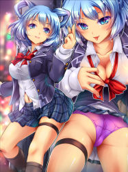 Rule 34 | 1girl, akatsuki shimeji, alternate costume, ass, black socks, blue eyes, blue hair, blue nails, blue skirt, blurry, blurry background, bow, bowtie, breasts, buttons, city lights, cleavage, closed mouth, collared shirt, covered erect nipples, hair rings, hand up, jacket, kaku seiga, kneehighs, large breasts, lips, long sleeves, looking at viewer, miniskirt, multicolored eyes, multiple views, nail polish, navel, open clothes, open jacket, panties, purple eyes, purple panties, red neckwear, school uniform, shirt, skirt, smile, socks, thigh strap, tongue, tongue out, touhou, underwear, upskirt, white shirt, wing collar