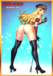 Rule 34 | 00s, 1girl, :p, arm belt, armband, armlet, ass, back, bare shoulders, belt, bent over, black footwear, black gloves, blonde hair, blue eyes, boots, breasts, bustier, cleavage, collar, dominatrix, dungeon and fighter, elbow gloves, fat mons, female gunner (dungeon and fighter), from behind, gloves, hat, high heel boots, high heels, highres, latex, latex gloves, long hair, looking at viewer, looking back, maria tr, military hat, panties, peaked cap, riding crop, sideboob, solo, standing, thigh boots, thighhighs, thighs, thong, tongue, tongue out, turna98, underwear, whip