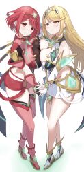 Rule 34 | 2girls, absurdres, bare shoulders, blonde hair, blush, breast press, breasts, chest jewel, cleavage, dress, earrings, elbow gloves, gloves, headpiece, highres, holding hands, interlocked fingers, jewelry, large breasts, long hair, looking at viewer, multiple girls, mythra (xenoblade), pyra (xenoblade), red eyes, red hair, short hair, smile, swept bangs, symmetrical docking, taro (peach taro51), tiara, very long hair, xenoblade chronicles (series), xenoblade chronicles 2, yellow eyes