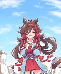 Rule 34 | 1girl, animal ears, antenna hair, armor, banner, blush, closed eyes, closed mouth, cloud, commentary request, crossed arms, hair between eyes, hair ornament, headband, highres, horse ears, horse girl, horse tail, jacket, japanese armor, long hair, low twintails, minmin (kemomofuri), no reason (umamusume), sky, solo, tail, thighhighs, twintails, umamusume, uniform