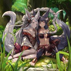 Rule 34 | 2girls, :d, animal ears, anklet, bare legs, bare shoulders, barefoot, basil (st 1), bead anklet, beads, bell, black hair, black legwear, black panties, blue eyes, blush, breasts, choker, cleavage, closed mouth, collarbone, commentary request, day, erune, flower, forest, fur collar, granblue fantasy, grass, grey hair, grin, hair ornament, highres, jewelry, jingle bell, knees up, large breasts, long hair, looking at viewer, medium breasts, multiple girls, nature, navel, open mouth, outdoors, panties, plant, red eyes, revealing clothes, rope, shimenawa, sitting, smile, societte (granblue fantasy), stomach, sunlight, tail, thighhighs, tree, underwear, yokozuwari, yuel (granblue fantasy)