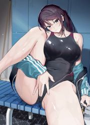 Rule 34 | 1girl, bare legs, bare shoulders, blue eyes, breasts, competition swimsuit, dripping, hand on own crotch, highres, jacket, jacket partially removed, large breasts, leg up, looking at viewer, muteki soda, navel, one-piece swimsuit, original, purple hair, sitting, skin tight, skindentation, solo, spread legs, swimsuit, thighs, wet, wet clothes