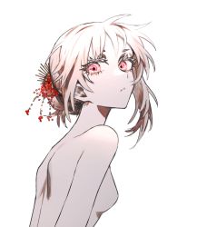 Rule 34 | 1girl, bad id, bad twitter id, breasts, commentary, eyelashes, flower, flower request, from behind, hair bun, hair flower, hair ornament, hairpin, highres, looking at viewer, looking back, no nipples, nude, original, parted lips, pink eyes, red flower, single hair bun, small breasts, solo, transparent background, tsu (lovesick1964), two (tsu (lovesick1964)), upper body, white hair, wide-eyed