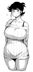 Rule 34 | ajiyoshi noriko, highres, mature female, monochrome, short hair, smile, sweater, synecdoche, thick thighs, thighs