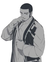 Rule 34 | 1boy, ainu clothes, asura ko, black hair, facial hair, golden kamuy, greyscale, highres, japanese clothes, long sideburns, male focus, manly, monochrome, scar, scar on face, short hair, sideburns, solo, stubble, tanigaki genjirou, thick eyebrows, upper body
