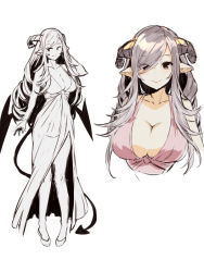 Rule 34 | 1girl, bare arms, bare shoulders, breasts, brown eyes, cleavage, closed mouth, collarbone, cropped torso, curled horns, demon girl, demon horns, demon tail, demon wings, dress, eyes visible through hair, grey hair, hair over one eye, horns, large breasts, long hair, looking at viewer, low wings, multiple views, original, pink dress, pointy ears, shoes, simple background, sleeveless, sleeveless dress, smile, standing, tail, very long hair, white background, wings, yuuji (yukimimi)