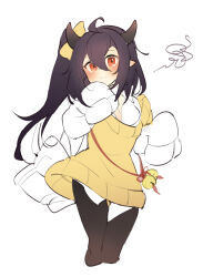 Rule 34 | 1girl, absurdres, ahoge, azur lane, bag, bell, black hair, black pantyhose, blush, bow, breasts, closed mouth, collared shirt, cowboy shot, demon horns, dress, flat color, hair between eyes, hair bow, hair ribbon, handbag, hands up, head tilt, highres, horns, isuzu (azur lane), jingle bell, long hair, long sleeves, looking at viewer, moriri, off shoulder, oversized clothes, pantyhose, pointy ears, red eyes, ribbon, shirt, shoulder bag, side ponytail, sidelocks, simple background, sketch, sleeves past fingers, sleeves past wrists, small breasts, solo, squiggle, standing, sweater, sweater dress, tears, thigh gap, white background, white bag, white shirt, white sweater, yellow bow, yellow ribbon, yellow sweater