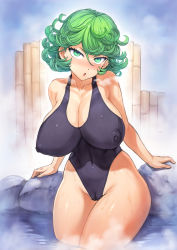 Rule 34 | 1girl, absurdres, alternate breast size, alternate costume, arm support, bad id, bad twitter id, bamboo, bamboo fence, black one-piece swimsuit, blush, breasts, cameltoe, cleft of venus, covered erect nipples, fence, green eyes, green hair, groin, hair between eyes, highres, huge breasts, impossible clothes, looking at viewer, mogudan, navel, nipples, nose blush, one-piece swimsuit, one-punch man, onsen, partially visible vulva, rock, sitting, sitting on rock, steam, swimsuit, tatsumaki, thighs, wide hips