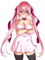 Rule 34 | 1girl, bad id, bad twitter id, bare shoulders, black thighhighs, blush, booch, breast hold, breasts, cameltoe, choker, cleavage, cowboy shot, crossed arms, dress, enshin, green eyes, hair between eyes, hair ribbon, large breasts, long hair, looking at viewer, original, pink dress, pink hair, ribbon, see-through, short dress, simple background, smile, solo, standing, thick thighs, thighhighs, thighs, twintails, very long hair, white background, yuuki shin