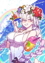 Rule 34 | 1girl, absurdres, anastasia (fate), anastasia (swimsuit archer) (fate), anastasia (swimsuit archer) (second ascension) (fate), bare shoulders, blue sky, blush, bow, braid, breasts, cleavage, closed eyes, collarbone, cup, dress, dress swimsuit, drinking straw, fate/grand order, fate (series), flower wreath, grin, hair bow, hair over one eye, head wreath, highres, large breasts, long hair, mitsurugi sugar, rainbow, sky, smile, solo, twin braids, very long hair, white dress, white hair