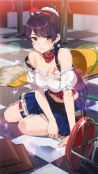 Rule 34 | 1girl, accident, artist request, bare shoulders, belt, blue skirt, breasts, bucket, cleavage, closed mouth, collarbone, crop top, frilled shirt, frilled skirt, frills, girl cafe gun, hair ornament, hair scrunchie, hat, highres, long hair, looking at viewer, medium breasts, midriff, mini hat, miniskirt, mop, navel, neckerchief, official art, pleated skirt, ponytail, purple hair, red eyes, scrunchie, shi wuxia, shirt, sitting, skirt, solo, stool, striped clothes, striped shirt, sweat, thigh strap, tile floor, tiles, waitress, water, white shirt, yokozuwari