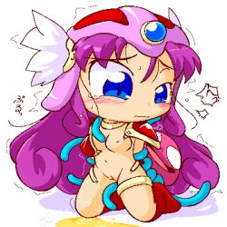 Rule 34 | 1girl, aliasing, blue eyes, blush, breasts, chibi, cleft of venus, cureslime, curly hair, dragon quest, dragon quest iii, female focus, kneeling, long hair, lowres, navel, nipples, nude, peeing, purple hair, pussy, shinogo~, slime (dragon quest), small nipples, soldier (dq3), solo, square enix, tagme, tentacles, uncensored