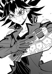 Rule 34 | 1boy, absurdres, arms up, black hair, card, collarbone, duel disk, facial mark, facial tattoo, fudo yusei, greyscale, high collar, highres, holding, holding card, jacket, male focus, marking on cheek, monochrome, open clothes, open jacket, serious, shirt, short hair, shoulder pads, solo, spiked hair, tattoo, trading card, v-neck, youko-shima, yu-gi-oh!, yu-gi-oh! 5d&#039;s