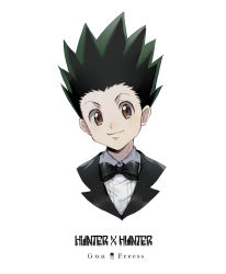 Rule 34 | 1boy, black bow, black bowtie, black hair, black jacket, bow, bowtie, brown eyes, character name, closed mouth, collared shirt, copyright name, cropped torso, ekita kuro, gon freecss, hunter x hunter, jacket, looking at viewer, male focus, portrait, shirt, simple background, smile, solo, spiked hair, tuxedo, white background, white shirt, wing collar