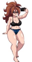 Rule 34 | 1girl, android 21, arm support, bare legs, barefoot, blue eyes, breasts, brown hair, cellphone, curvy, darwaarts, dragon ball, dragon ball fighterz, female focus, full body, glasses, highres, large breasts, long hair, midriff, mole, mole under mouth, nail polish, navel, phone, selfie, solo, thick thighs, thighs, toenail polish, toenails, white background, wide hips