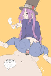 Rule 34 | 1girl, ass, barefoot, buttjob, buttjob over clothes, cup, dated, denim, drawfag, fate/stay night, fate (series), hat, highres, huge ass, jeans, long hair, looking back, male pubic hair, medusa (fate), medusa (rider) (fate), monocle, nail polish, pants, penis, pov, precum, pubic hair, purple eyes, purple hair, sitting, small penis, teacup, top hat, torn clothes, torn jeans, torn pants, uncensored, wariza