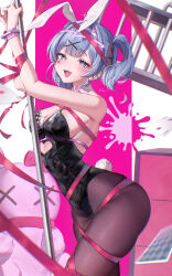 Rule 34 | 1girl, absurdres, animal ears, arms up, bare shoulders, blue eyes, blue hair, blunt bangs, blurry, blurry background, blush, bound, breasts, cage, clothing cutout, detached collar, fake animal ears, fake tail, fishnet thighhighs, fishnets, glint, hairband, hatsune miku, heart, heart-shaped pupils, heart cutout, highleg, highleg leotard, highres, large breasts, leotard, long hair, open mouth, parted bangs, pink pupils, pink ribbon, pink theme, playboy bunny, pole, rabbit ears, rabbit hole (vocaloid), rabbit tail, restrained, ribbon, solo, spaghetti strap, stripper pole, stuffed toy, symbol-shaped pupils, tail, teardrop facial mark, thighhighs, tied up (nonsexual), twintails, vocaloid, white hairband, yoitsuki nema
