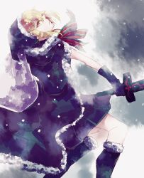 Rule 34 | 1girl, artoria pendragon (fate), blonde hair, boots, cape, fate/grand order, fate/stay night, fate (series), from side, gloves, hat, highres, mitsuhiromu, saber (fate), saber alter, santa alter, santa hat, sidelocks, snow, solo, sword, weapon, winter clothes, yellow eyes