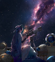 Rule 34 | absurdres, arknights, armillary sphere, astesia (arknights), astesia (starseeker) (arknights), blue eyes, blue hair, blush, dress, galaxy, gloves, hat, highres, long hair, long skirt, looking at viewer, milky way, mkt (pixiv15187870), official alternate costume, skirt, sky, solo, space, star (sky), starry sky, telescope, white dress, white hat, white skirt