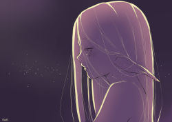 Rule 34 | 1girl, absurdres, artist name, artist request, backlighting, bare shoulders, blush, elf, from side, highres, long hair, nuei, original, pointy ears, profile, solo, tears, upper body