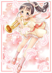 Rule 34 | 1girl, :o, black hair, blush, bugle, capelet, collarbone, commentary request, dress, dutch angle, feather hair ornament, feathered wings, feathers, flower, frilled dress, frills, fukuyama mai, full body, hair flower, hair ornament, high ponytail, highres, holding, holding instrument, idolmaster, idolmaster cinderella girls, instrument, leaning forward, mary janes, parted lips, pink footwear, pink socks, polka dot, polka dot legwear, ponytail, regular mow, shoes, short sleeves, socks, solo, standing, white feathers, white wings, wide sleeves, wings, yellow capelet, yellow dress