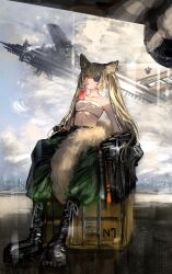 Rule 34 | 1girl, absurdres, aircraft, airfield, airplane, animal ear fluff, animal ears, bandeau, bare arms, bare shoulders, belly, black footwear, black jacket, blue sky, boots, breasts, brown hair, brown tail, cat ears, cat girl, cat tail, cloud, cloudy sky, collarbone, combat boots, commentary request, crate, crossed bangs, day, drinking straw, earpiece, eyepatch, fighter jet, gawako, green pants, head tilt, highres, jacket, jet, juice, juice box, long hair, looking at viewer, military, military vehicle, navel, off shoulder, original, outdoors, pants, parted lips, red eyes, runway, sidelocks, sitting, sky, slit pupils, small breasts, solo, tail, taking off, twintails, very long hair, white bandeau