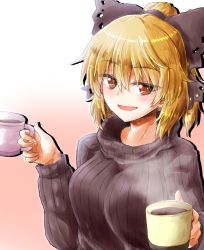 Rule 34 | 1girl, blonde hair, breasts, brown eyes, brown ribbon, brown sweater, coffee, coffee mug, commentary request, cup, gradient background, hair ribbon, highres, holding, holding cup, kurodani yamame, long sleeves, looking at viewer, mug, open mouth, oshiaki, pink background, ribbed sweater, ribbon, smile, solo, sweater, touhou, upper body