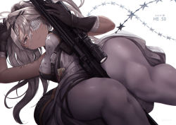Rule 34 | 1girl, anti-materiel rifle, bolt action, breasts, dark-skinned female, dark skin, eyepatch, girls&#039; frontline, grey hair, gun, hand on own head, hs.50 (girls&#039; frontline), medium breasts, mishima hiroji, pantyhose, rifle, scope, skindentation, sniper rifle, solo, steyr hs .50, tattoo, thigh strap, thighs, weapon, weapon name, white pantyhose