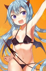 1girl arm_support arm_up armpits aro bikini black_bikini blue_hair blush breasts character_request collarbone commentary_request copyright_request cowboy_shot demon_girl demon_horns demon_tail demon_wings fang hair_between_eyes horns long_hair looking_at_viewer navel open_mouth orange_background purple_eyes red_horns sitting small_breasts smile solo stomach swimsuit tail wings