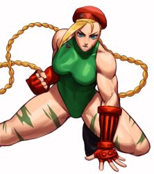 Rule 34 | 1girl, bare shoulders, blonde hair, blue eyes, breasts, cammy white, capcom, fingerless gloves, gloves, hat, highres, large breasts, leotard, long hair, muscular, muscular female, sleeveless, sotcho, street fighter