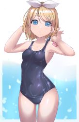 Rule 34 | 1girl, absurdres, blonde hair, blue eyes, blue one-piece swimsuit, bow, commentary, cowboy shot, hair bow, hair ornament, hairclip, hands in hair, hands up, highres, kagamine rin, looking at viewer, one-piece swimsuit, parted lips, saikuu, school swimsuit, short hair, shoulder tattoo, solo, standing, swept bangs, swimsuit, tattoo, thigh gap, vocaloid, wet, wet clothes, white bow