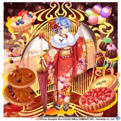 Rule 34 | 1girl, alternate costume, bat wings, black footwear, blue hair, commentary, copyright name, copyright notice, english commentary, floral print, food, full body, fur trim, furisode, game cg, hair ornament, hair ribbon, holding, holding umbrella, indoors, japanese clothes, kimono, looking at viewer, macaron, new year, open mouth, red eyes, red ribbon, red umbrella, remilia scarlet, remilia scarlet (vampire praying for good health), ribbon, rotte (1109), short hair, solo, standing, table, third-party source, touhou, touhou lostword, umbrella, wings